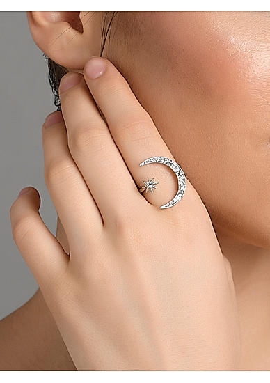 American Diamond Silver Plated Star Crescent Ring