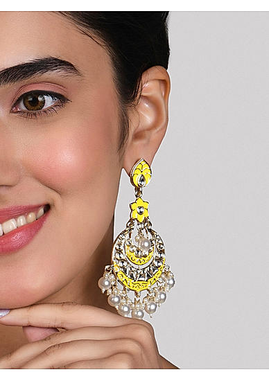 Fida Ethnic Gold Plated Yellow Enamel And Pearl Kundan Floral Drop Earings For Women