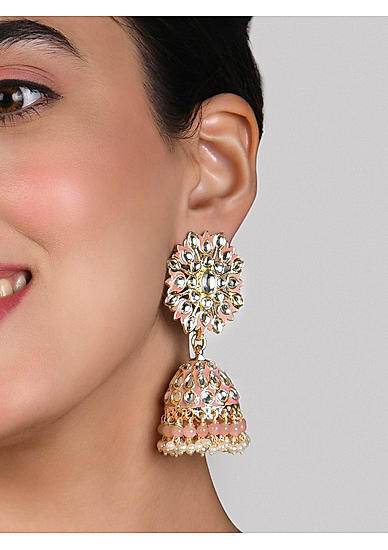 Fida Ethnic Gold Plated Pink Beads & Kundan Studded Enamel Jhumka Earrings For Women