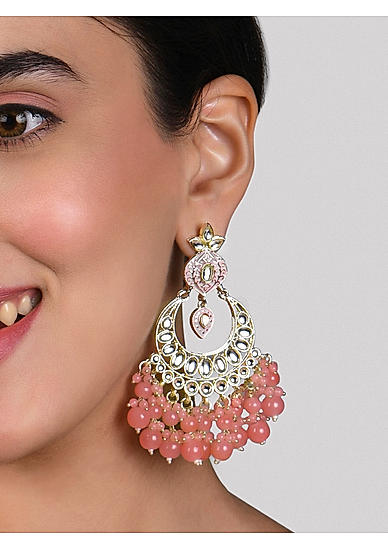 Fida Ethnic Gold Plated Enamel Pink beads & Kundan Studded Chandbali Earrings For Women
