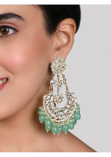 Fida Ethnic Gold Plated Pastal Green beads & Kkundan Studded Chandbali Earrings For Women