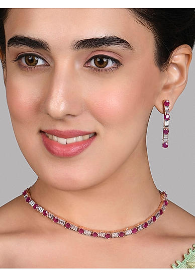 Fida Luxurious RoseGold Plated American Diamonds & Pink Stone Studded Choker Neckalce Set For Women