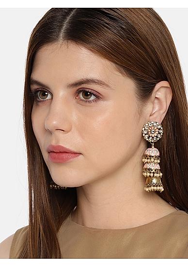 Kundan BeadsPastel Pink Blue Enamelled Gold Plated Layered Jhumka Earring