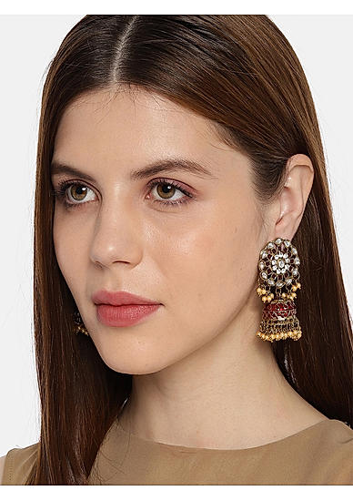 Kundan Beads Maroon Enamelled Gold Plated Jhumka Earring