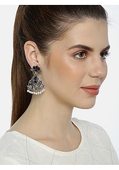 Stones Pearl Silver Plated Oxidised Peacock Drop Earring