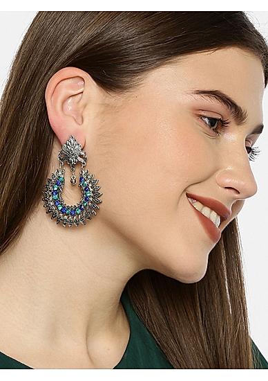 Emerald Sapphire Silver Plated Oxidised Floral Chandbali Earring
