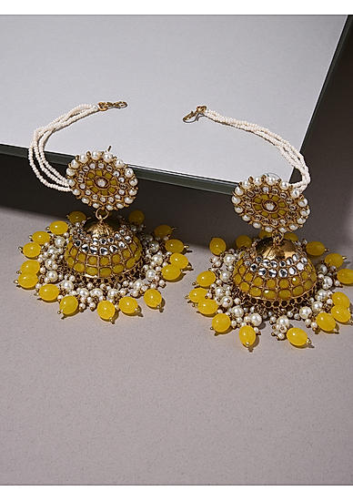 FIDA Ethnic Gold Plated Yellow Beads Kundan Pearl Jhumka Earring for Women