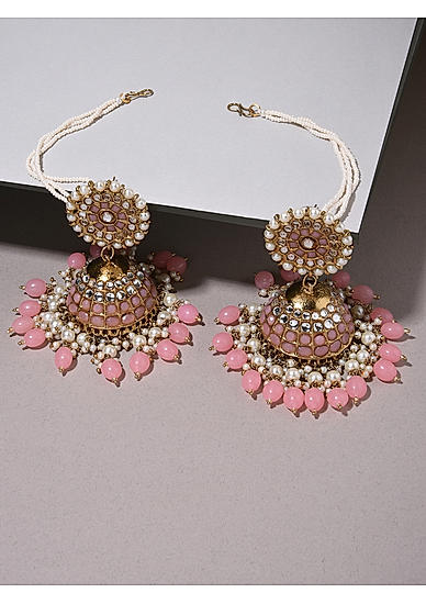 FIDA Ethnic Gold Plated Peach Beads Kundan Pearl Jhumka Earring for Women