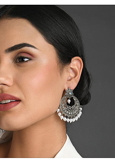 FIDA Ethnic Silver Plated Pearl Beaded Drop Earring for Women