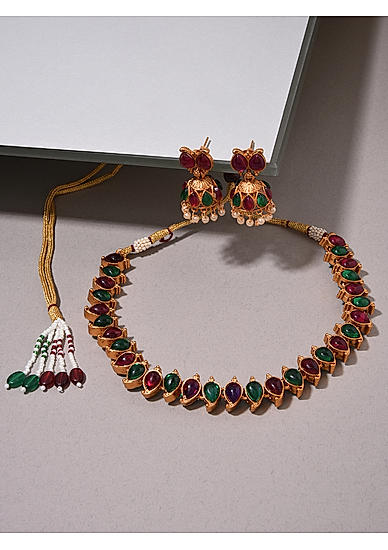 Fida Ethnic Emerald Antique Gold  Kundan Temple Jewellery Set For Women