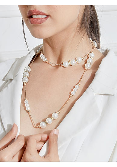 White Pearls Beaded Gold Plated Layered Necklace