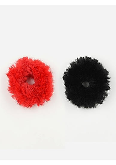 Set Of 2 Red & Black Fluffy Fur Rubber Band