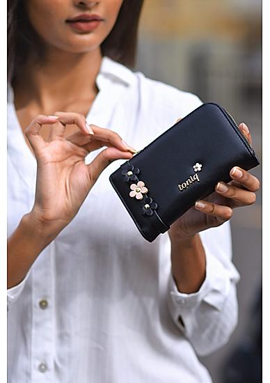 Black Floral Detailed Wallet For Women