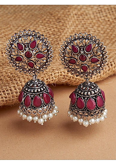 Pink Ruby Silver Plated Oxidised Floral Jhumka Earring