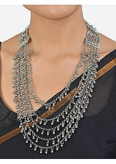 FIDA Statement Silver Oxidised Ghunghru Multi Layered Necklace For Women
