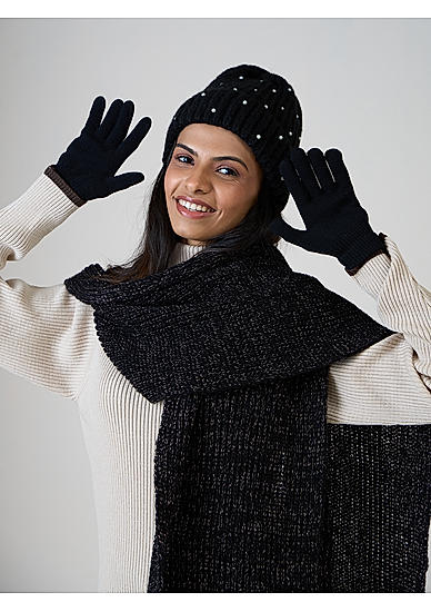 All-in-One Black Gloves, Stole & Beanie Set