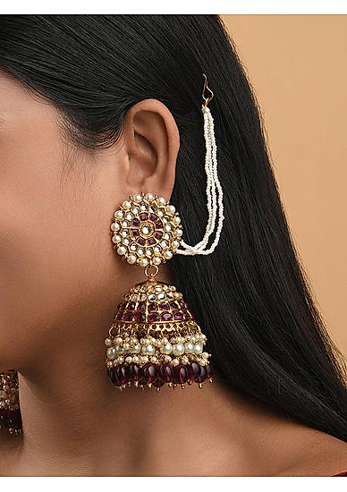 Fida Ethnic Ethnic Gold Plated Rani Pink Beads Kundan Pearl Jhumka Earring for Women