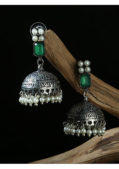 Fida Oxidised Silver Green Stone Studded Dome Jhumka Earring For Women