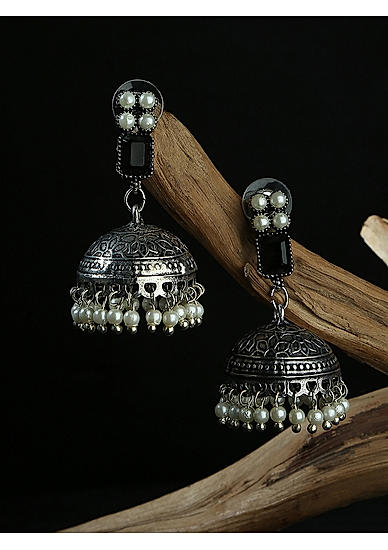 Fida Oxidised Silver Black Stone Studded Dome Jhumka Earring For Women