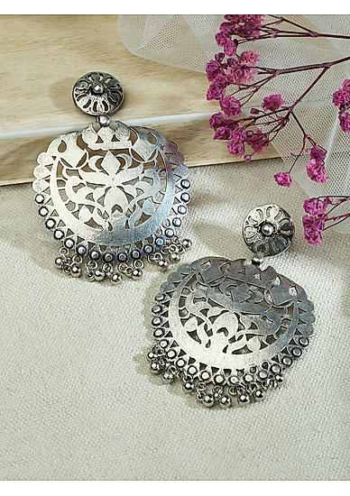 Fida Oxidised Silver Floral Filigree  Drop Earring For Women