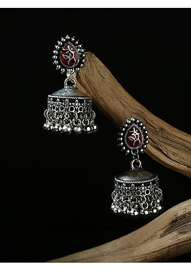 Fida Oxidised Silver Maroon Enamel Jhumka Earring For Women