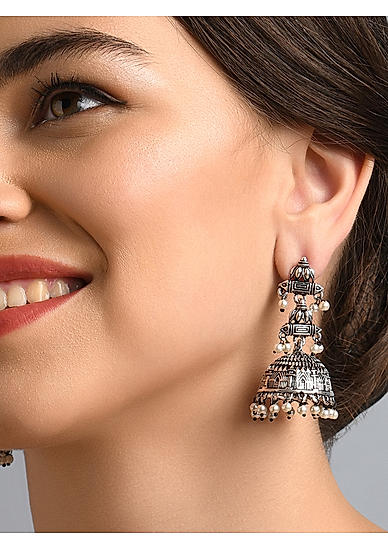 Fida Oxidised Silver Temple Inspired Jhumka Earrings For Women