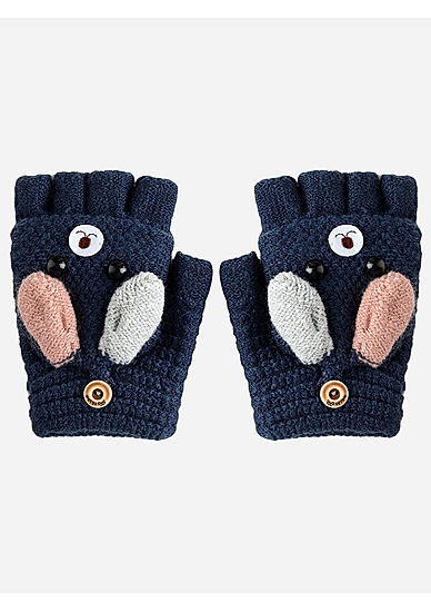 Navy Cute Puppy Face Knitted Flip Top Kids Winter Gloves 