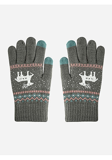 Olive Green Deer Embroidered Woolen Crochet Kids Winter Gloves