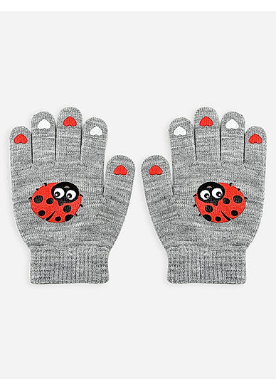 Grey Red Bug Printed Kids Winter Gloves