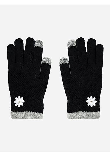Black Grey Stylish Touch Screen Floral Knitted Winter Gloves