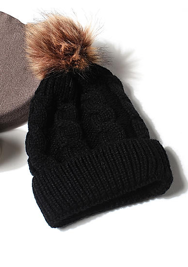 Black Knitted Brown Fur Pom Pom Winter Beanie Cap