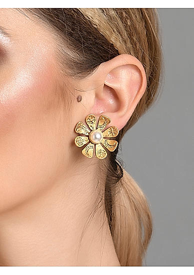 Pearl Gold Plated Floral Antique Stud Earring