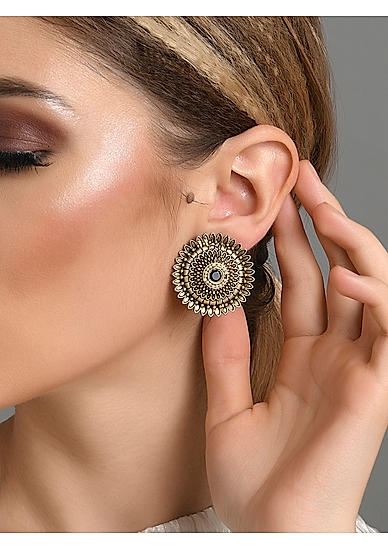 Stone Beads Gold Plated Oxidised Floral Stud Earring
