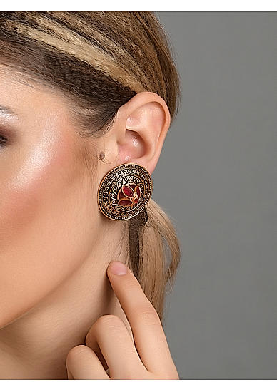 Ruby Gold Pated Oxidised Floral Stud Earring