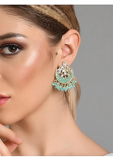 Pastel Turquiose Blue Beads Kundan Gold Plated Chandbali Earring
