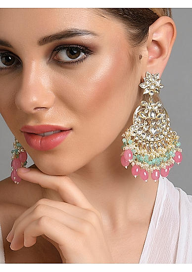 Pink Blue Beads Kundan Pearls Gold Plated Floral Chandbali Earring 