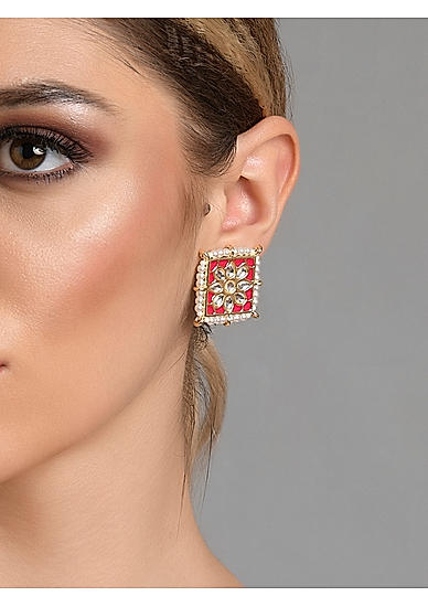 Pastel Pink Kundan Beads Gold Plated Stud Earring 
