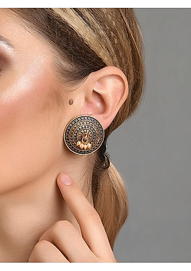 Blue Enamelled Gold Plated Oxidised Spherical Stud Earring