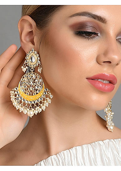 Pastel Yellow Kundan Pearls Gold Plated Meenakari Chandbali Earing