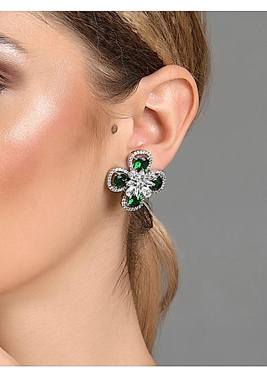 American Diamond Emerald Silver Plated Floral Stud Earring