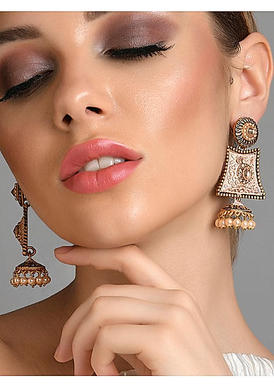 Pastel Pink Kundan Pearl Meenakari Gold Plated Jhumka Earring 