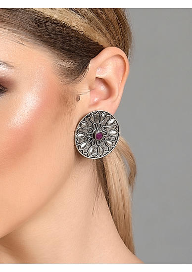 Purple Stones Silver Plated Oxidised Floral Stud Earring 