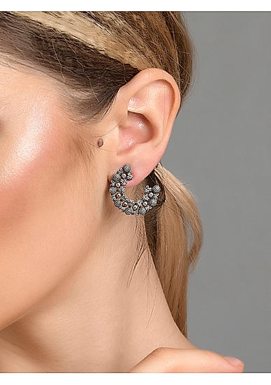 Silver Plated Oxidised Semi Circle Stud Earring