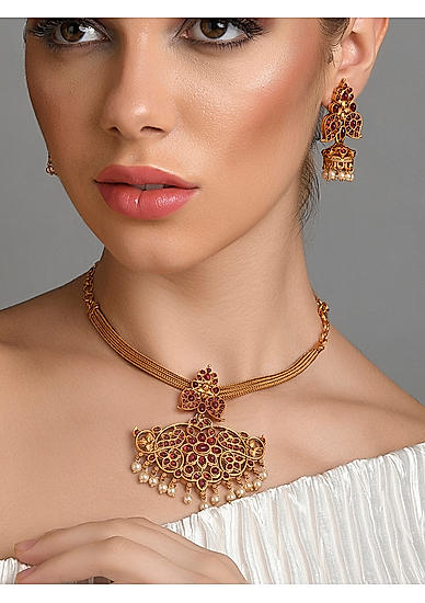 Ruby Pearls Gold Plated Floral Temple Jewellery Set