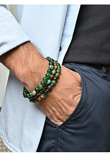 The Bro Code Green & Brown Set of 3 Beaded Bracelet For Men with Gold Detail