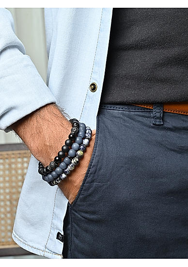 The Bro Code Black & Grey Set of 3 Beaded Bracelet For Men