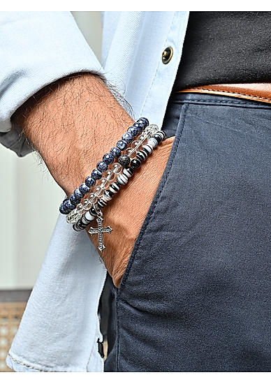 The Bro Code Grey Set of 3 Beaded Bracelet For Men with Cross & Feather Charm