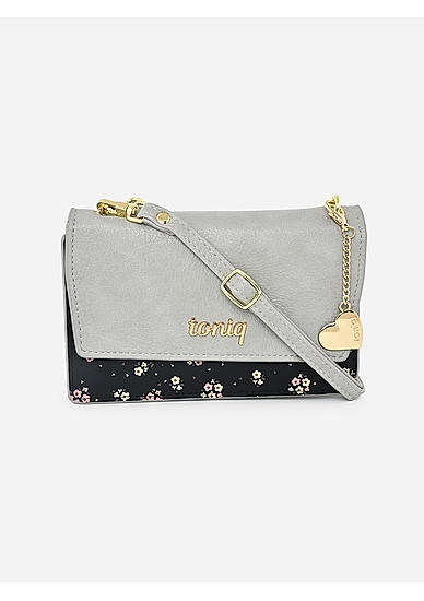 Toniq Grey and Black Floral printed Sling Bags For Women