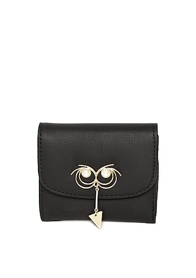 Toniq Black Owl Tri Fold Wallet For Women