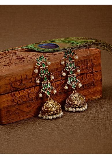 Ethnic Traditional Gold Green Enamel Drop Jhumki Earrings For Women